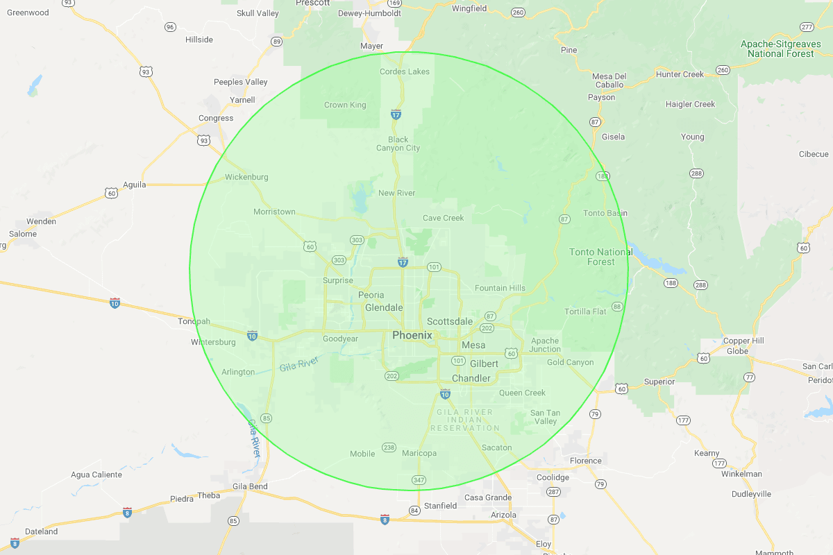 Voyager Home Inspections service area map showing Phoenix metro and surrounding region