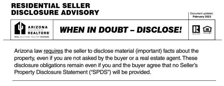 Residential Seller Disclosure Advisory — plumbing section (click to view larger)